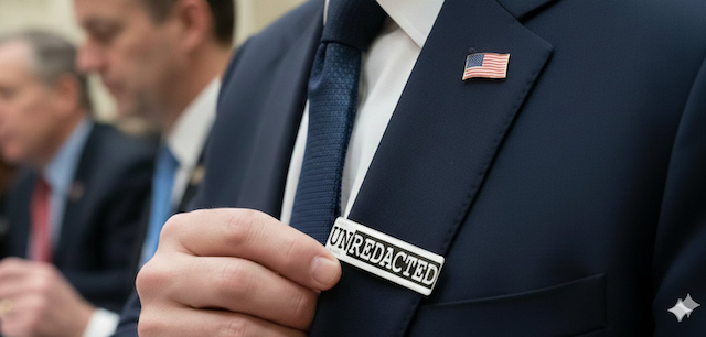UN|REDACTED Lapel Tag on suit beside American flag pin