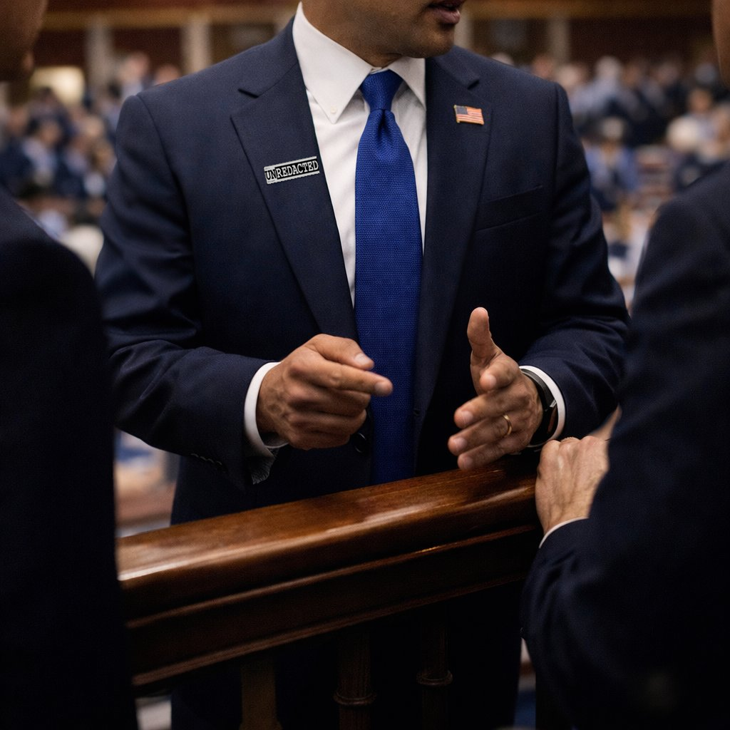 Congressional figure on House floor wearing UN|REDACTED Tag