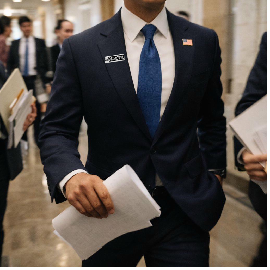 Congressional figure striding Capitol hallway wearing UN|REDACTED Tag