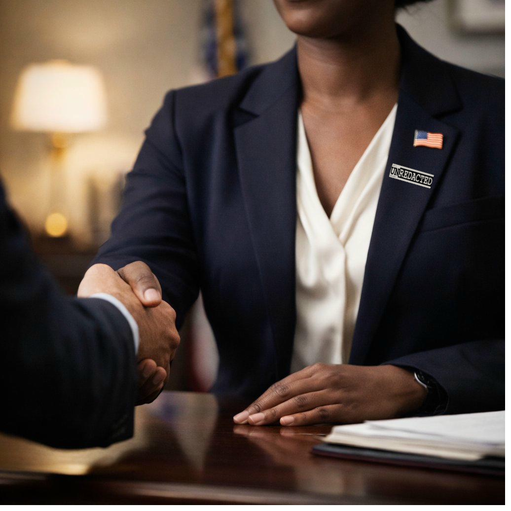 Bipartisan handshake with UN|REDACTED Tag visible on lapel