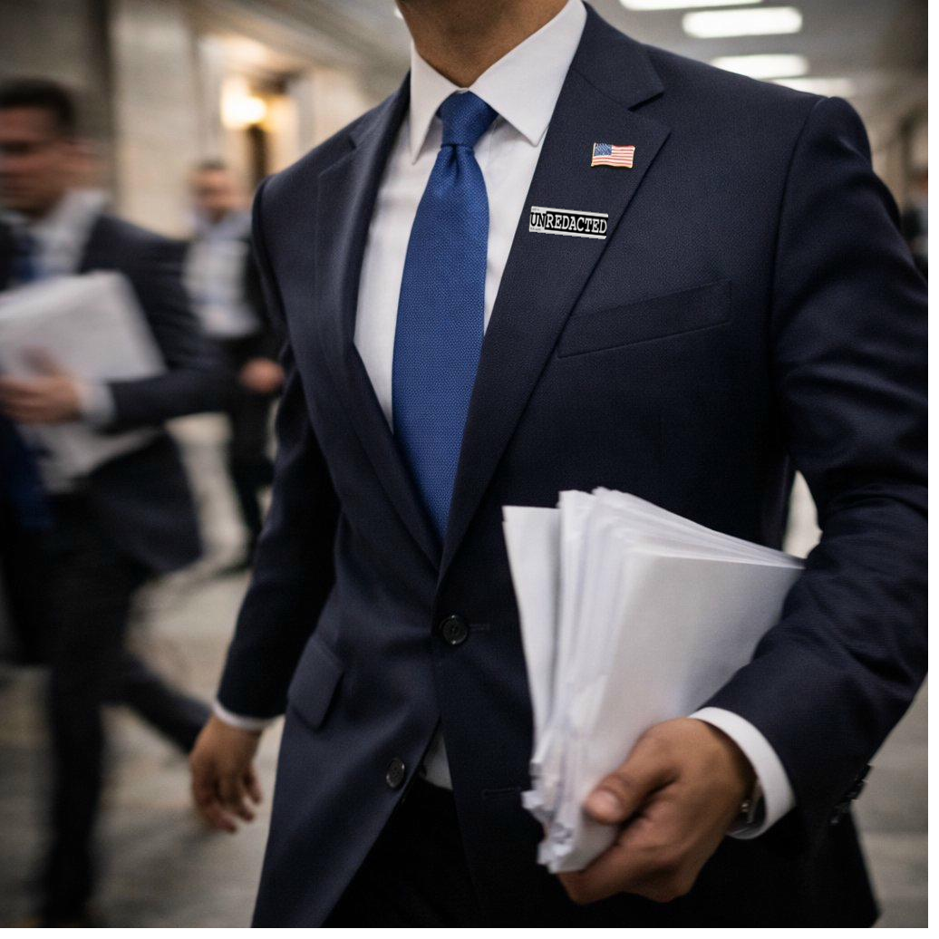 Congressional figure in urgent stride wearing UN|REDACTED Tag