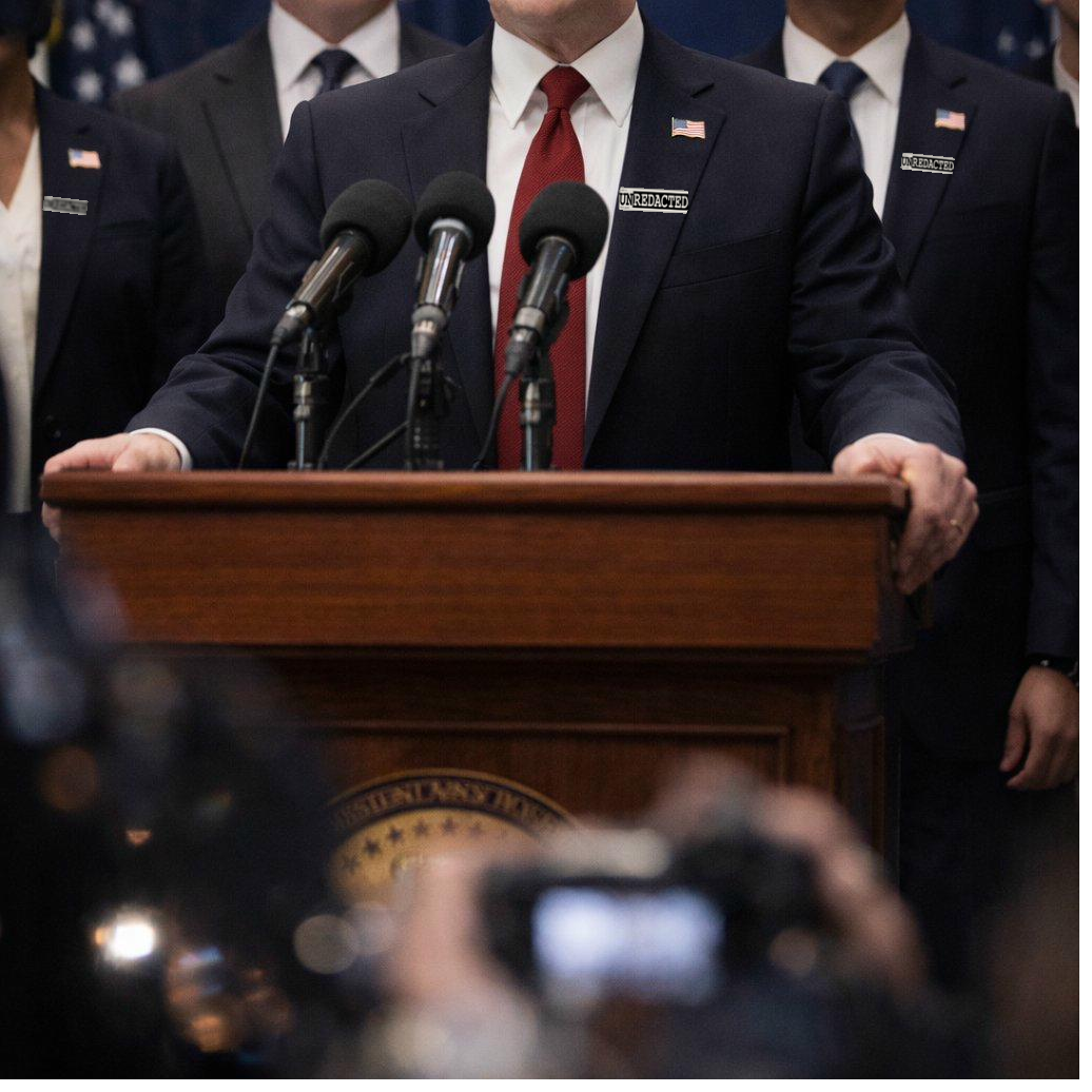 Coalition press conference with multiple UN|REDACTED Tags visible